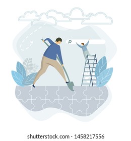 Flat digger man puzzle landing, great diggind design for any purposes. Successful business man working. Communication, connection concept. Corporate business puzzle concept. Successful business team
