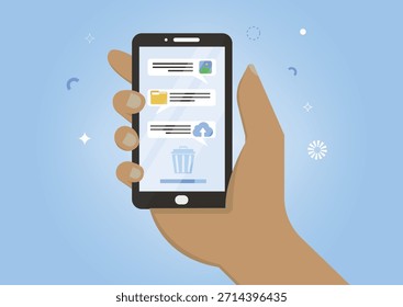 Concepto de limpieza digital plana con pantalla de teléfono inteligente de mano que muestra archivos y elementos de la nube que se eliminan a la basura ideal para almacenamiento y efectos visuales de privacidad. Limpiar los datos digitales. Ilustración vectorial