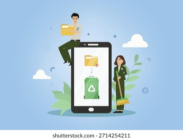 Concepto de limpieza digital plana con el hombre y la mujer organizando carpetas alrededor del icono gigante de la papelera del teléfono inteligente, ideal para el trabajo en equipo y las imágenes de conciencia. Día de limpieza digital. Ilustración vectorial