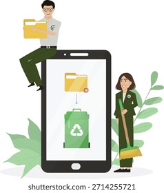 Flaches digitales Reinigungskonzept mit Mann- und Frauenreinigungsdaten auf Smartphone einzeln auf transparentem Hintergrund, ideal für Teamwork-Visuals. Weltweiter Tag der digitalen Säuberung. Vektorgrafik