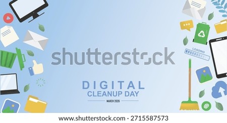 Flat digital cleanup day background with devices, folders, messages, trash bins and cleaning tools forming left and right borders. Digital cleanup concept. Vector illustration