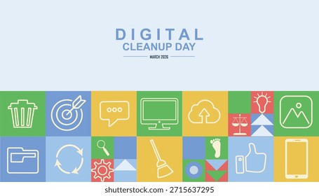 Anuncio de día de limpieza digital plano con tira multicolor de iconos de tecnología, sostenibilidad y comunicación. Reducir el concepto de residuos digitales. Día de la depuración digital. Ilustración vectorial