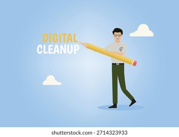 Flache digitale Säuberung mit Mann hält Riesenbleistift schreiben "Digital Clean Up", ideal für Kampagnen-Header und Poster. Digitaler Säuberungstag. Digitale Entgiftung. Bereinigungsdaten. Vektorgrafik