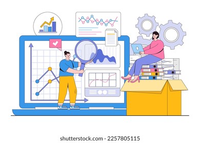 Flat digital data analysis concept. People characters working with data visualization, analyzing tables, charts and graphs at business dashboard.