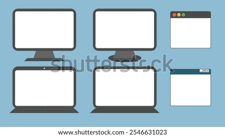 Flat Digital Devices and Windows Icon Set: Monitors, Laptops, and UI Frames Templates