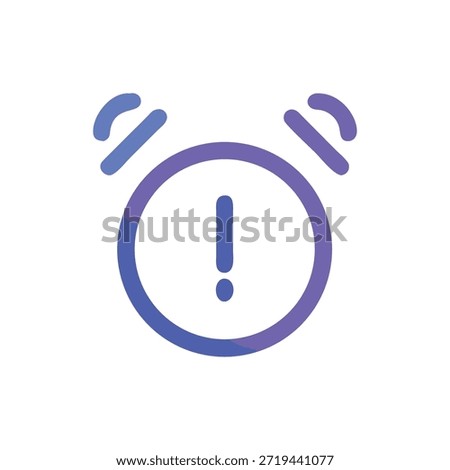 A flat digital illustration of alarm clock with exclamation point inside. Light blue and purple gradient over black backdrop.
