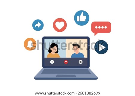 A flat digital illustration of a laptop showing a video call between a man and woman, surrounded by social media icons such as chat, like, heart, share, play, and notification symbol.