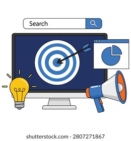 Flat digital marketing illustration featuring target dashboard, analytics charts, search bar, and megaphone, business strategy concept, isolated vector graphic for advertising, planning, and performance analysis.