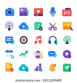 Flat digital media and app icon set with camera video microphone podcast cloud scissors music and social tools for website dashboard presentation and content design