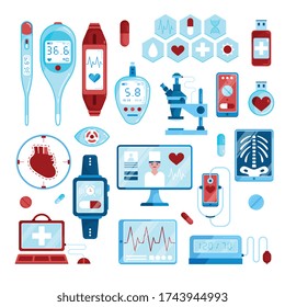 Flat digital medicine icon set with different monitors x rays blood tests and other tools vector illustration