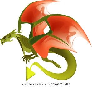 Flat digital render of a color fantasy dragon flying isolated on white background