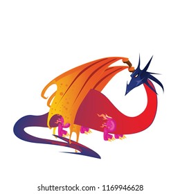 Flat digital render of a color fantasy dragon flying isolated on white background