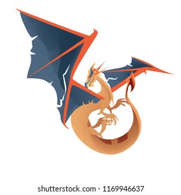 Flat digital render of a color fantasy dragon flying isolated on white background