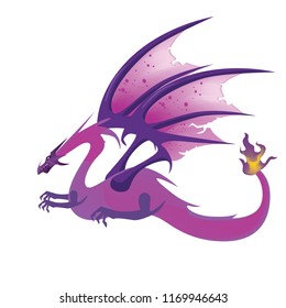 Flat digital render of a color fantasy dragon flying isolated on white background