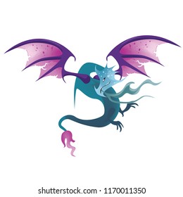 Flat digital render of a color fantasy dragon flying isolated on white background