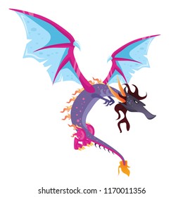Flat digital render of a color fantasy dragon flying isolated on white background