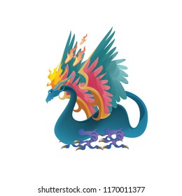 Flat digital render of a color fantasy dragon flying isolated on white background