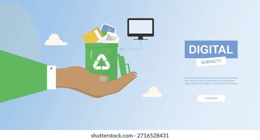 Banner de sobriedade digital plano com uma mão segurando uma lixeira verde cheia de arquivos digitais, promovendo hábitos on-line ecológicos e uso sustentável da tecnologia. Limpeza digital. Ilustração vetorial