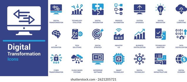 Flat digital transformation icon set with AI, automation, cloud, smart tech, and strategy visuals. Ideal for business, fintech, apps, and modern web interfaces.

