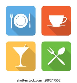 Flat dining icons with long shadows. Vector illustration