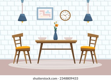 Flat dining room concept with chairs and table. Interior items of cozy modern midcentury kitchen design with flowers and lamps. Vector cartoon illustration with home decor accessories and plates