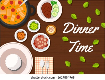 flat dinner time top view, suitable for banner, flyer, restaurant or cafe menu list, and more. flat design background.