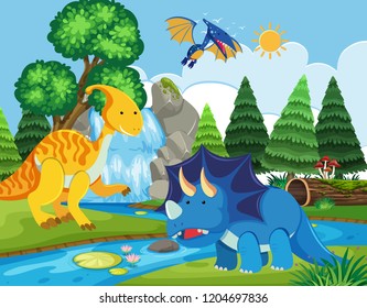 Flat dinosaur in nature illustration