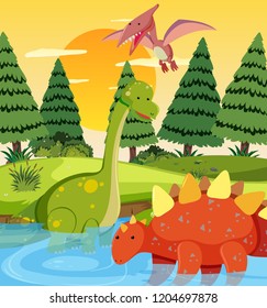 Flat dinosaur in nature illustration