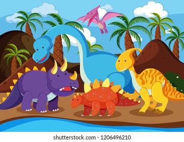Flat dinosaur in nature illustration