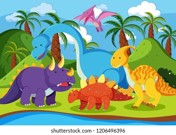 Flat dinosaur in nature illustration