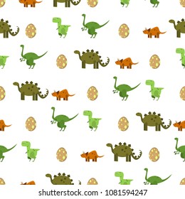 Flat dinosaurs and egg vector seamless pattern on a white background. Texture for print wallpaper, wrapping, packing and backdrop.