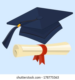 Flat diploma and graduation cap 