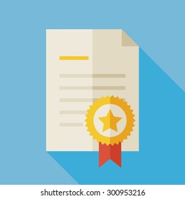 Flat Diploma Illustration with long Shadow. Paper Graduation Award with Gold Medal. Sport and Competition Winning Vector Illustration. First Place Winning Diploma Object. Medal with Star and Ribbon