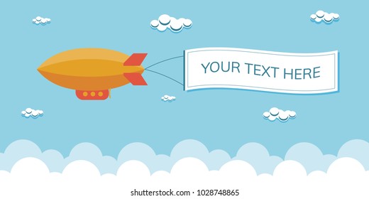 Flat dirigible, blimp, zeppelin, airship with message space vector illustration.