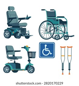 Flat disability mobility assistance icon set including electric wheelchair, manual wheelchair, mobility scooter, wheelchair accessibility sign, and crutches isolated on white background