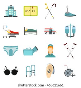 Flat disabled people care icons set. Universal disabled people care icons to use for web and mobile UI, set of basic disabled people care elements isolated vector illustration