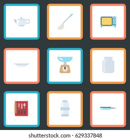 Flat Dish, Electric Stove, Spice And Other Vector Elements. Set Of Cooking Flat Symbols Also Includes Shaker, Ladle, Dishware Objects.