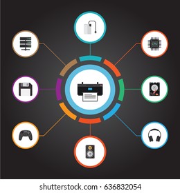 Flat Diskette, Earphones, Amplifier And Other Vector Elements. Set Of Notebook Flat Symbols Also Includes Earphone, Cpu, Diskette Objects.