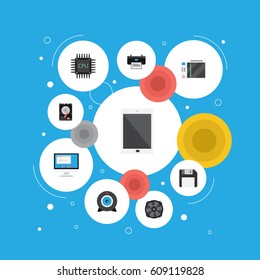 Flat Diskette, Slot Machine, Hard Disk And Other Vector Elements. Set Of Laptop Flat Symbols Also Includes Unit, Game, Disk Objects.
