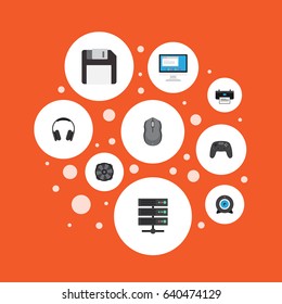 Flat Display, Datacenter, Diskette And Other Vector Elements. Set Of PC Flat Symbols Also Includes Computer, Diskette, Screen Objects.