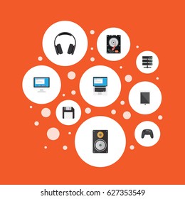 Flat Display, Palmtop, Earphones And Other Vector Elements. Set Of PC Flat Symbols Also Includes Controller, Screen, Disk Objects.