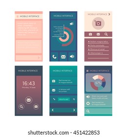 Flat display ui collection of modern ui mobile phones with different ui user interface elements for ui ux design app. Vector ui layout, ui template