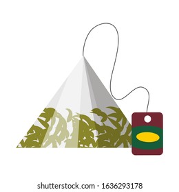 Flat disposable dry green tea bag for brewing hot aroma drink isolated on white. Paper package. Cartoon teabag with place for branding. Healthy aromatic beverage product design. Vector illustration