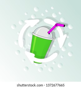 Flat disposable plastic cup   with cuplid and straw in paper cut style against plastic pollution in ocean and seas, vector illustration, design against throwing plastic garbage into water