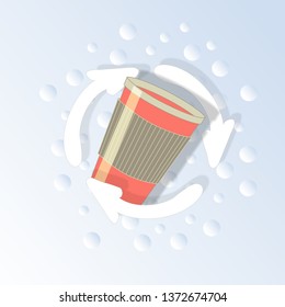 Flat disposable plastic cup in paper cut style against plastic pollution in ocean and seas, vector illustration, design against throwing plastic garbage into water