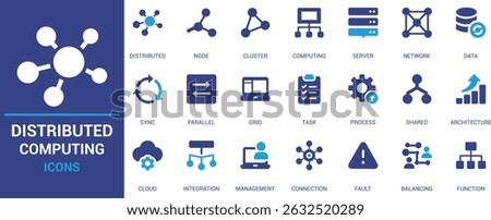 Flat distributed computing icons with nodes, clusters, servers, cloud, sync, and architecture. Ideal for IT, network, and cloud-based tech solutions.

