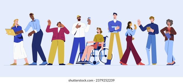 Flat diverse group of happy business people work together. Entrepreneurs, office workers isolated on background. Multinational characters working with gadgets. Equality, diversity and social inclusion