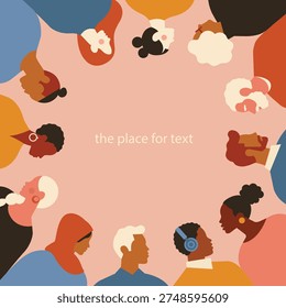 Flat diverse multicultural people. Frame template with diversity people. Square frame concept and place for text