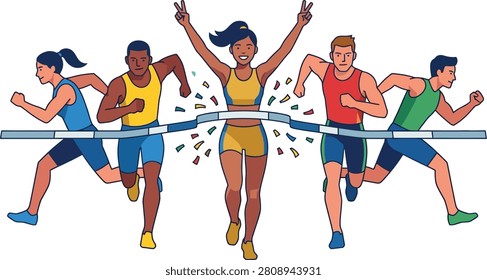 Flat of diverse runners crossing a finish line. A woman in yellow celebrates with confetti. running, race, finish line. diverse group of runners crossing finish line, one woman...