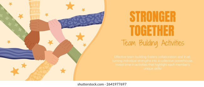 Flat diverse teamwork banner with hands representing solidarity. Multicultural group showing community and human connection. Colorful concept of collaboration and unity for social cultural projects.